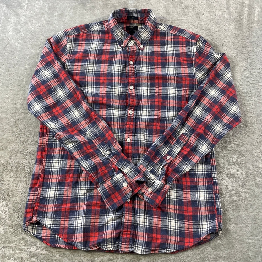 J Crew Homespun Shirt Mens Medium Red Slim Fit Plaid Stretch Light Casual Preppy
